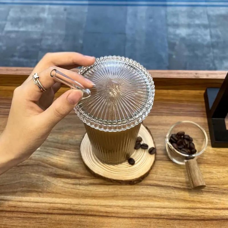 ALKAYAN Clear Ribbed Glass Cups With Lids and Glass Straws 12.6oz Stripe Ice Coffee G... - Image 4