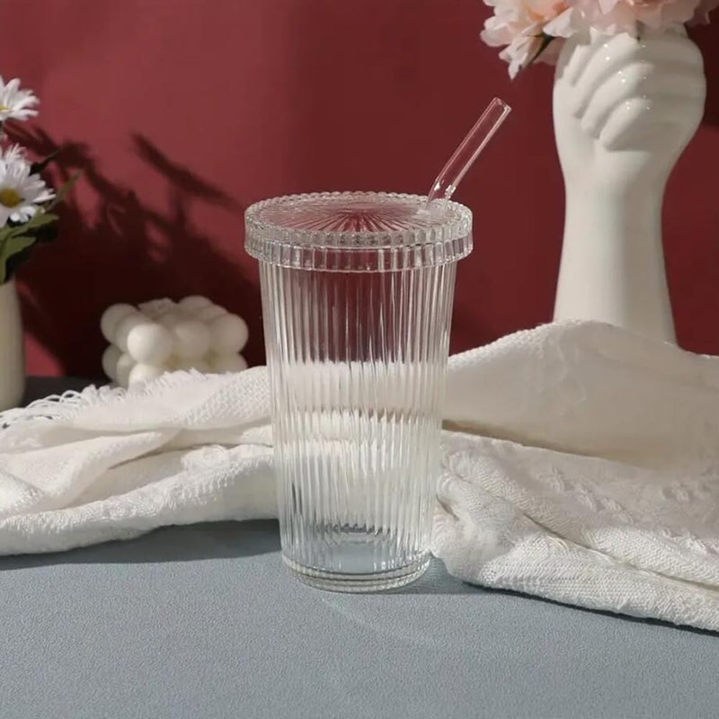 ALKAYAN Clear Ribbed Glass Cups With Lids and Glass Straws 12.6oz Stripe Ice Coffee G... - Image 5