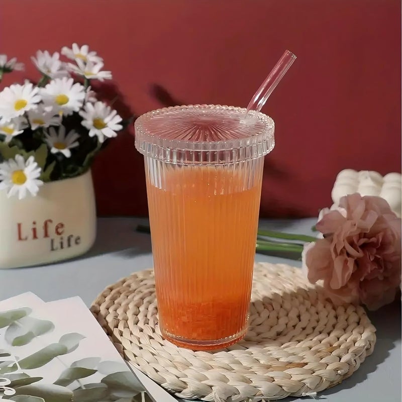 ALKAYAN Clear Ribbed Glass Cups With Lids and Glass Straws 12.6oz Stripe Ice Coffee G... - Image 3