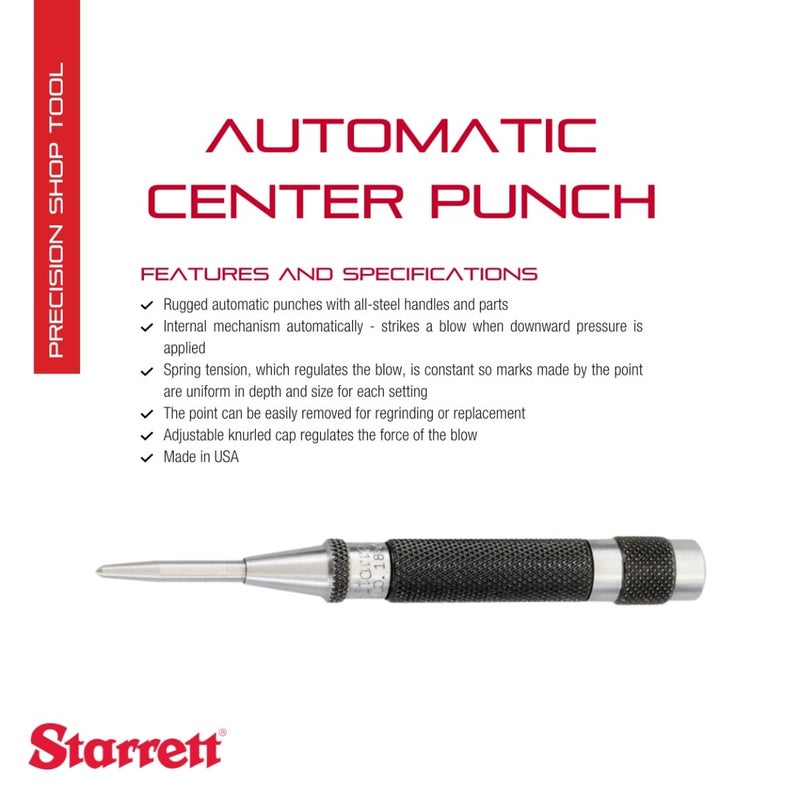 Starrett Automatic Center Punch with Hardened Steel Metal  100mm Length 11mm Punch Diameter Tapered Point  18AA - Image 2