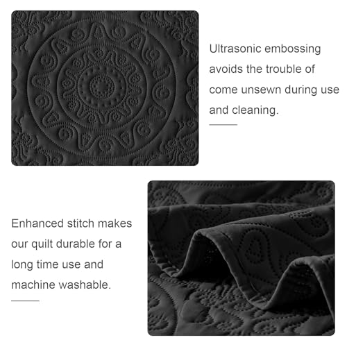 WURUIBO Black Quilt Set King/Cal King Size, Embossing Microfiber Bedspreads with Pillow Sham, Ligthweight Breathable Thin Coverlet, Reversible Bedding Set for All Season (1 Quilt, 2 Pillow Shams) - Image 5