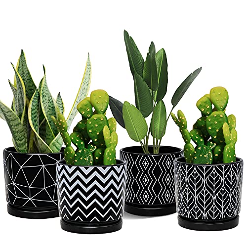 Ton Sin Flower Pots,5.5 Inch Black Ceramic Planter with Drainage Hole,Indoor Cylinder Plant Pots with Saucer,Cactus Succulent Outdoor Garden Pots Set of 4 - Image 1