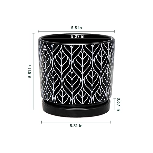 Ton Sin Flower Pots,5.5 Inch Black Ceramic Planter with Drainage Hole,Indoor Cylinder Plant Pots with Saucer,Cactus Succulent Outdoor Garden Pots Set of 4 - Image 3
