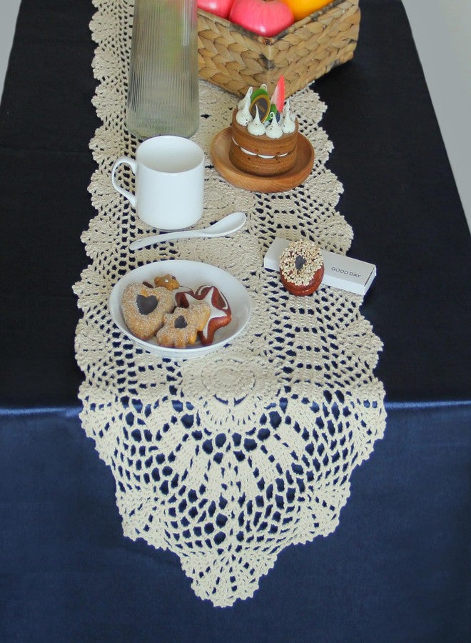 kilofly Handmade Crochet Lace Rectangular Table Runner 11 x 59 Inch, Beige - Image 2