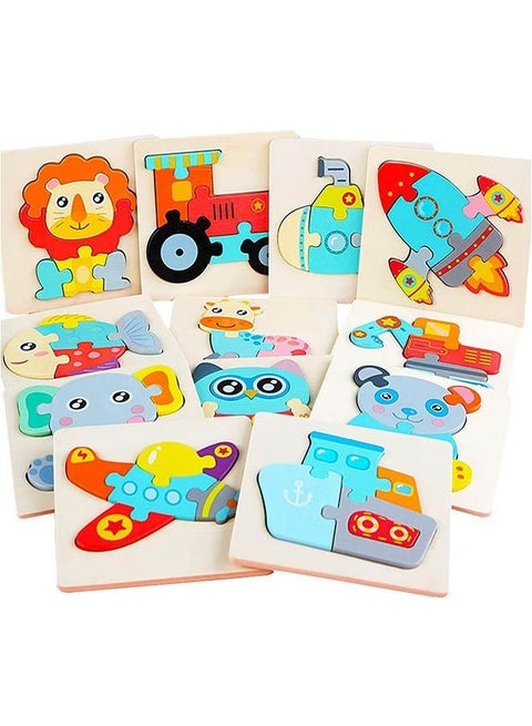 12 Pack Wooden Puzzles Toddler Toys for Kids 1-3 Years Old, Jigsaw Puzzles Learning Toys for Boys and Girls, Montessori Toys Color Shapes Early Learning Educational Gift