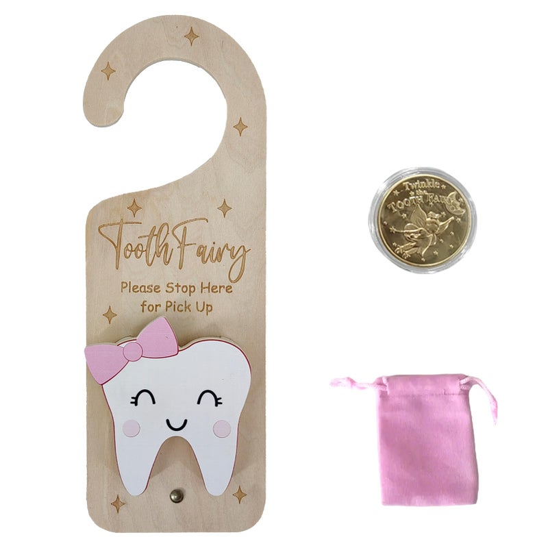 PAMBO Tooth Fairy Door Hanger Wooden Tooth Fairy Money Holder with Tooth Coins for Lost Tooth Kids Gifts Pink