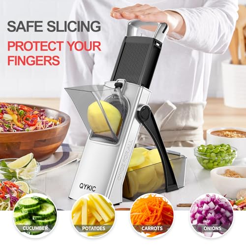QYKIC Upgrade Safe Mandoline Slicer for Kitchen, Vegetable Chopper Slicer, Potato Slicer Thickness Adjuster, French Fry Cutter, Veggie Onion Dicer Faster Kitchen Mandolin for Meal Prep (White) - Image 2
