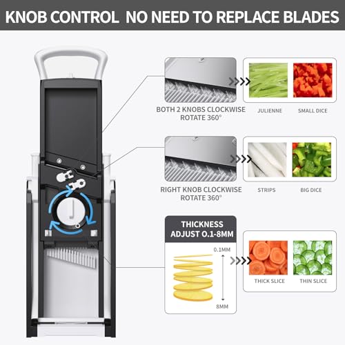 QYKIC Upgrade Safe Mandoline Slicer for Kitchen, Vegetable Chopper Slicer, Potato Slicer Thickness Adjuster, French Fry Cutter, Veggie Onion Dicer Faster Kitchen Mandolin for Meal Prep (White) - Image 3