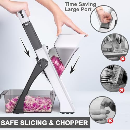 QYKIC Upgrade Safe Mandoline Slicer for Kitchen, Vegetable Chopper Slicer, Potato Slicer Thickness Adjuster, French Fry Cutter, Veggie Onion Dicer Faster Kitchen Mandolin for Meal Prep (White) - Image 4