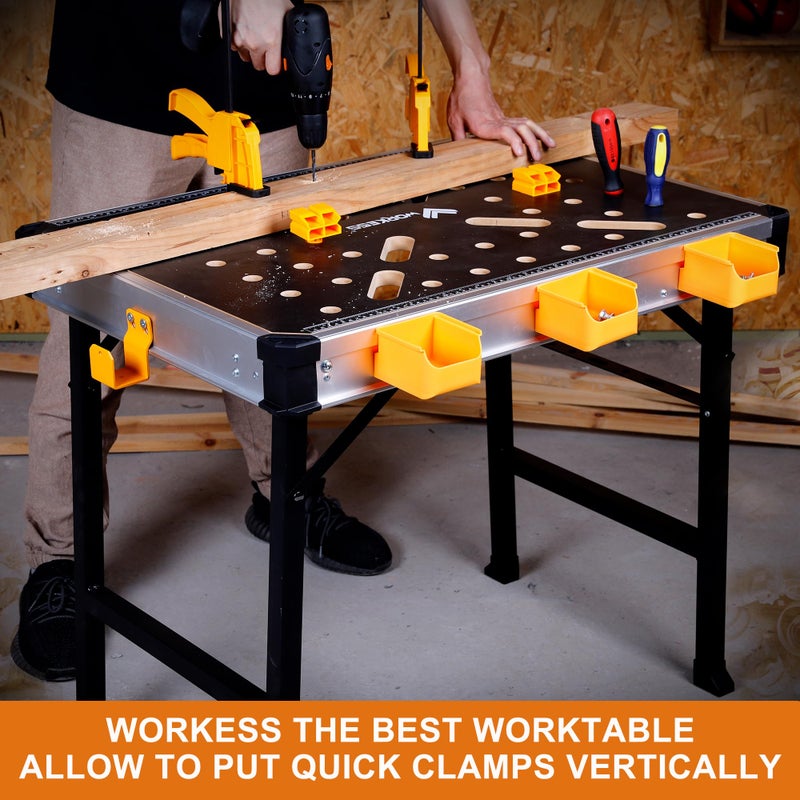 WORKESS Portable Workbench 1000Lbs Capacity Heavy Duty Folding Work Table with 2 Quick Clamps, 4 Bench Dogs, 3 Tool Boxes for Garage Easy Storage - Image 2