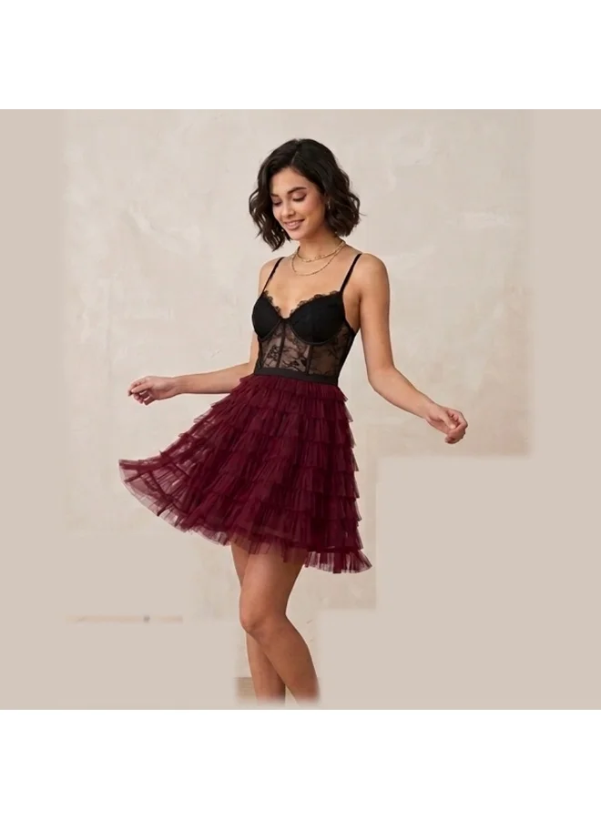 Caprisious Burgundy Tulle-Tiered & Lace Corset Mini Dress