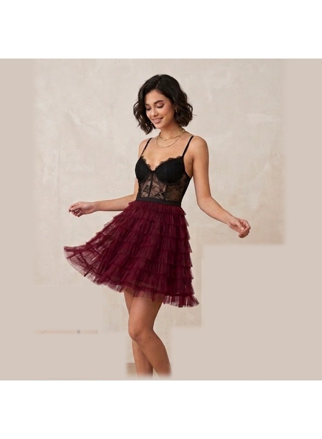 Caprisious Burgundy Tulle-Tiered & Lace Corset Mini Dress - Image 1