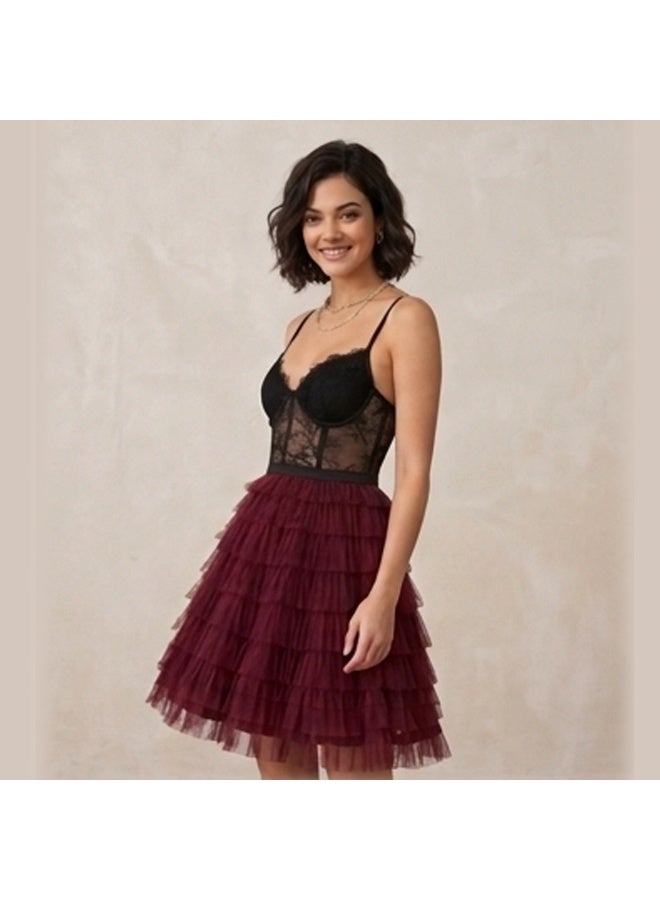 Caprisious Burgundy Tulle-Tiered & Lace Corset Mini Dress - Image 2