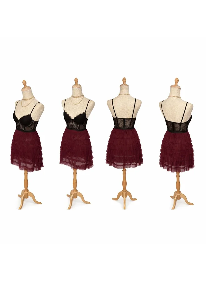 Caprisious  Burgundy Tulle-Tiered & Lace Corset Mini Dress for Women | Best Price UAE