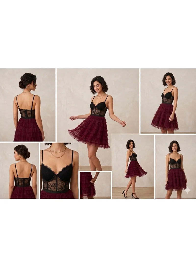 Caprisious  Burgundy Tulle-Tiered & Lace Corset Mini Dress for Women | Best Price UAE