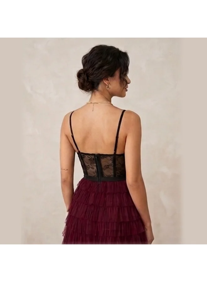 Caprisious  Burgundy Tulle-Tiered & Lace Corset Mini Dress for Women | Best Price UAE