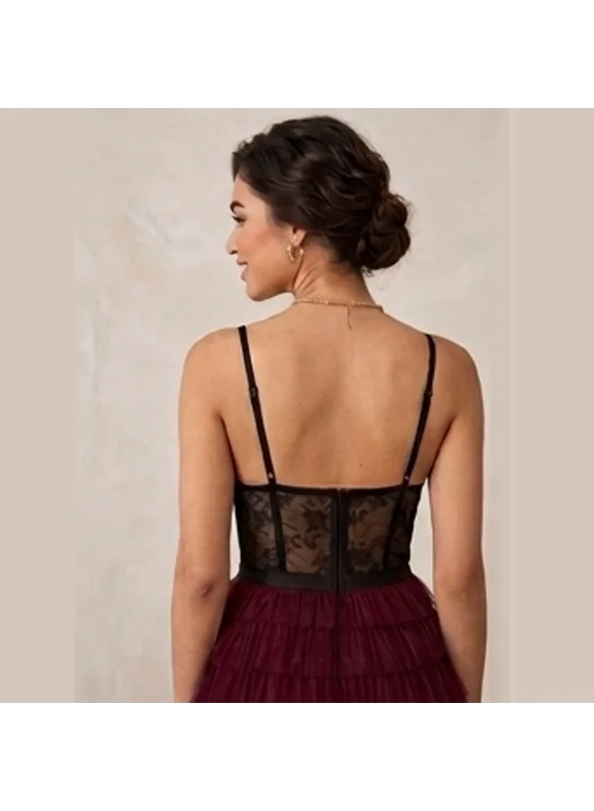 Caprisious  Burgundy Tulle-Tiered & Lace Corset Mini Dress for Women | Best Price UAE