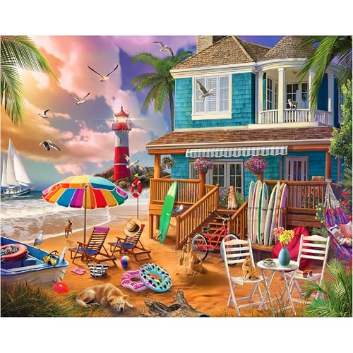 White Mountain 1000 Piece Jigsaw Puzzle Scenic Coastal Summer House Puzzles with Large Pieces Gift for Adults and Family 24x30 On The Beach - Image 1