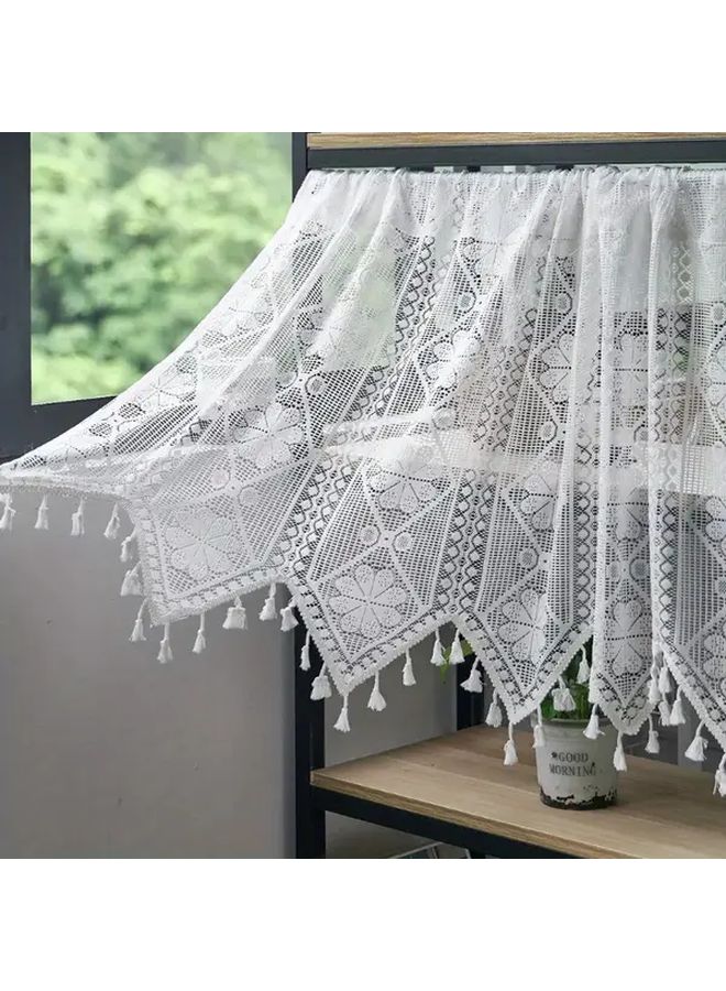 1 Piece White Floral Tassel Curtain Elegant Room Divider Sheer Window Treatment No Drill Rod Pocket Design Geometric Pattern Lightweight Machine Washable 70 87 by 23 62 Inch - Image 1