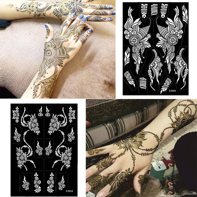 PPVWEY 10 Sheets Henna Tattoo Stencils 10 Pair Arm Hand Henna Tattoo Template Temporary Indian Arabian Glitter Airbrush Tattoo Stickers for Face Body Paint DIY (Black-1) - Image 3