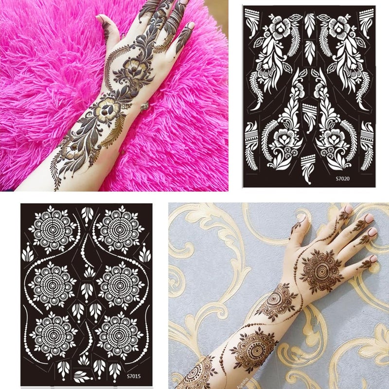 PPVWEY 10 Sheets Henna Tattoo Stencils 10 Pair Arm Hand Henna Tattoo Template Temporary Indian Arabian Glitter Airbrush Tattoo Stickers for Face Body Paint DIY (Black-1) - Image 4