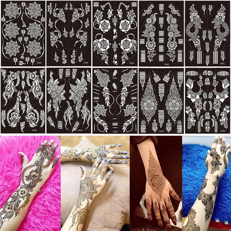 PPVWEY 10 Sheets Henna Tattoo Stencils 10 Pair Arm Hand Henna Tattoo Template Temporary Indian Arabian Glitter Airbrush Tattoo Stickers for Face Body Paint DIY (Black-1) - Image 1