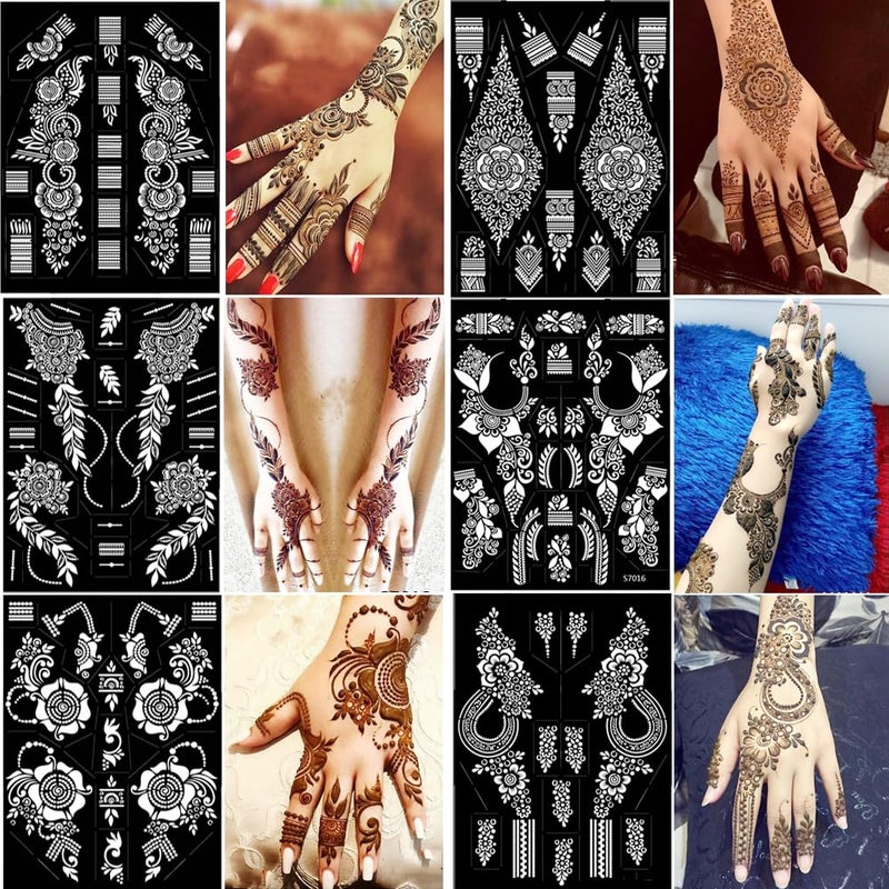 PPVWEY 10 Sheets Henna Tattoo Stencils 10 Pair Arm Hand Henna Tattoo Template Temporary Indian Arabian Glitter Airbrush Tattoo Stickers for Face Body Paint DIY (Black-1) - Image 2