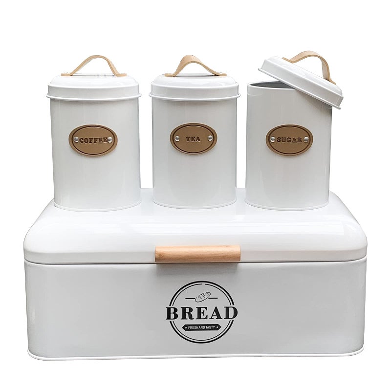 SOTECH Large Bread Box and 3 Pieces with Sugar Tea Coffee Containers SetVintage Metal Bread Boxes for Kitchen Counter Extra LargeFarmhouse Kitchen DecorWhite Bread Box