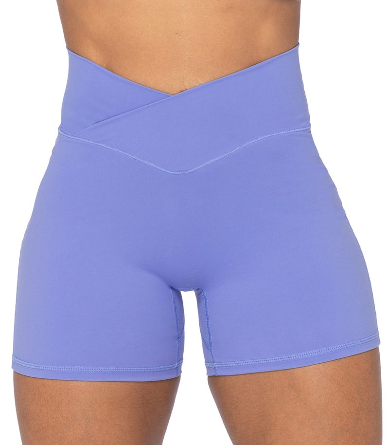 Sunzel Sunzfly Crossover Biker Shorts for Women, V Criss Cross High Waist Yoga Workout Gym Shorts with Tummy Control 4" Periwinkle Small - Image 1