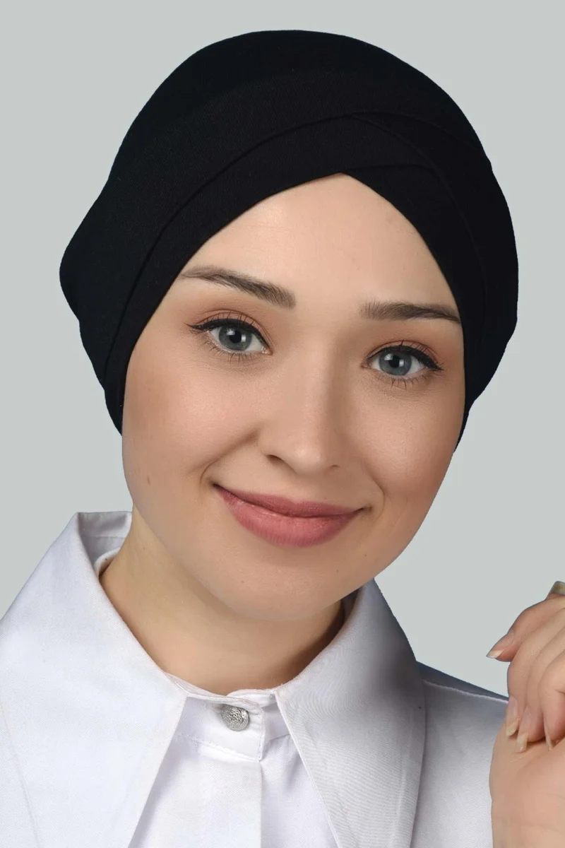 Altobeh Four-Striped Cross Outer Hijab Bonnet Ready-made Turban Combed Cotton -Black