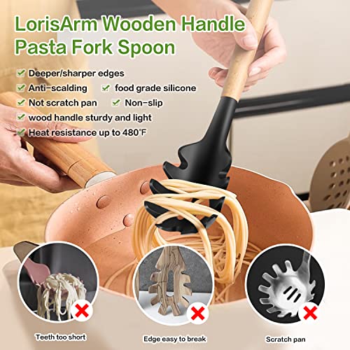 LorisArm Wooden Handle Pasta Fork Spoon 12" Silicone Spaghetti Fork Food Grade Noodle Spoon, BPA Free, Spaghetti Spoons Strainer & Server Spoonss - Image 2