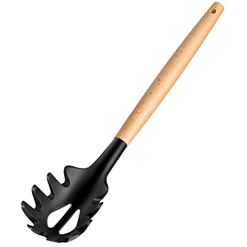 LorisArm Wooden Handle Pasta Fork Spoon 12" Silicone Spaghetti Fork Food Grade Noodle Spoon, BPA Free, Spaghetti Spoons Strainer & Server Spoonss - Image 1