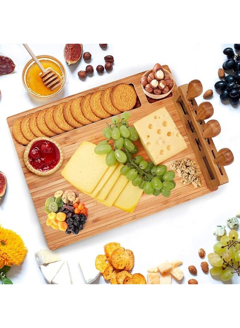 Bamboo Cheese Board Set, Cheese Tray, Charcuterie Board and Serving Meat Platter with 4 Stainless Steel Cheese Knives, Ideal for Wedding Gifts  Birthday Party - Image 2