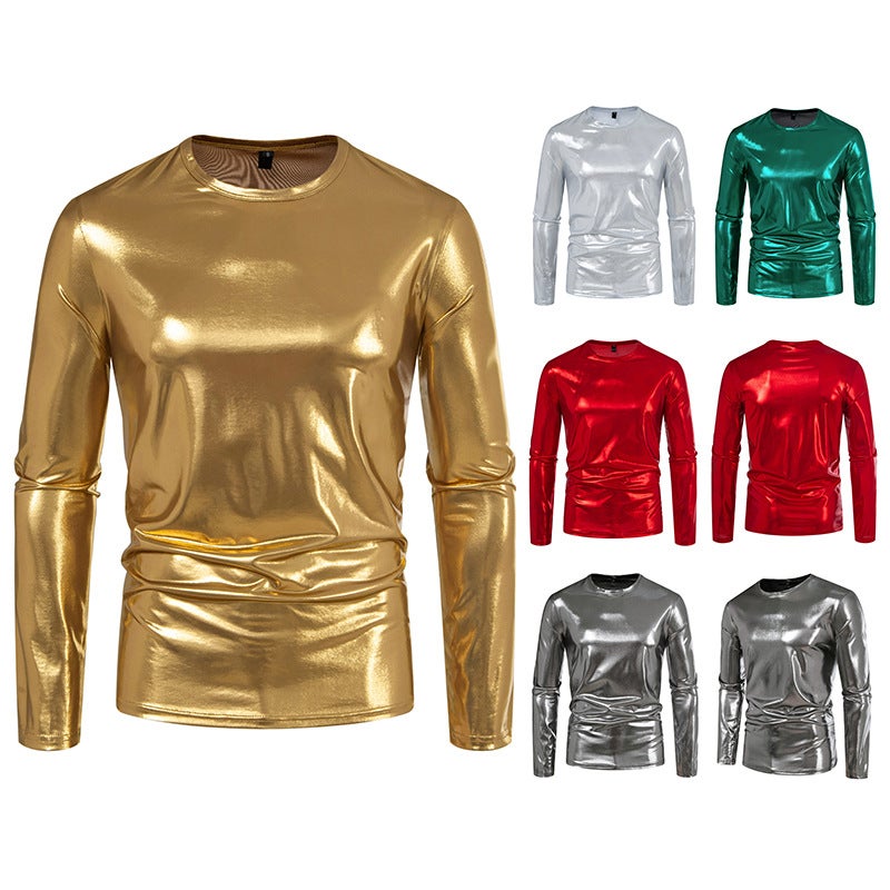 2025 Autumn New Men'S Fashion Trend Party Stage Shiny Long Sleeve Round Neck T-Shirt 033P30 - Image 3