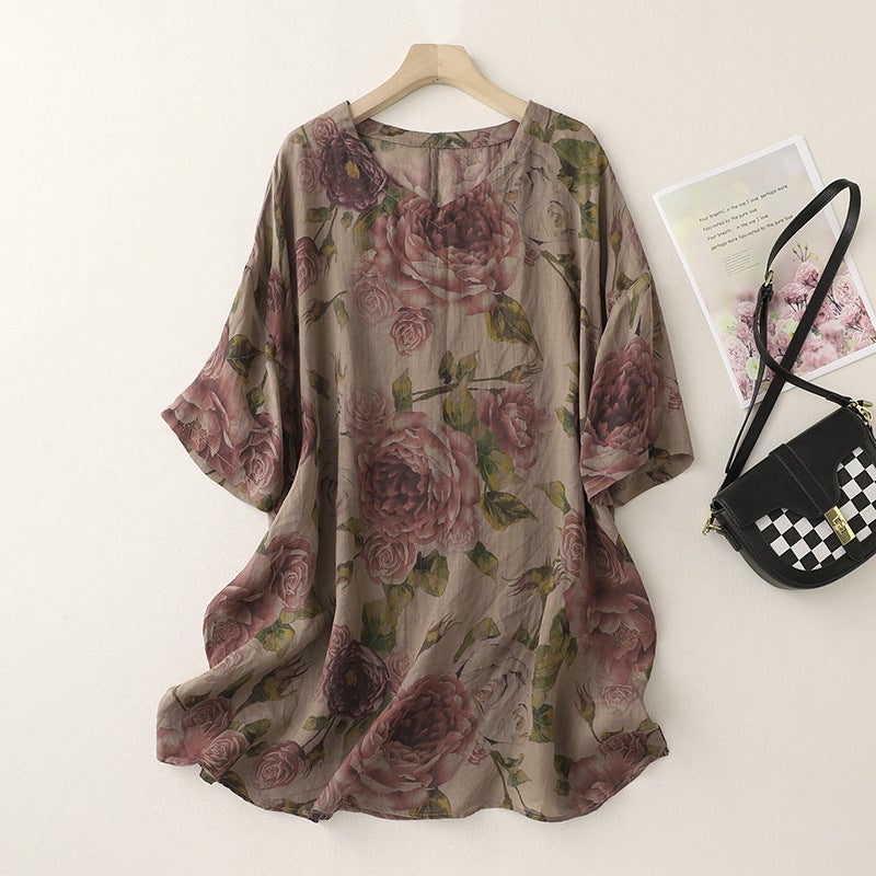 2024 Vintage Printed Mid-Sleeve V-Neck Ramie Loose Stylish Artistic Casual Personalized All-Match T-Shirt - Image 1