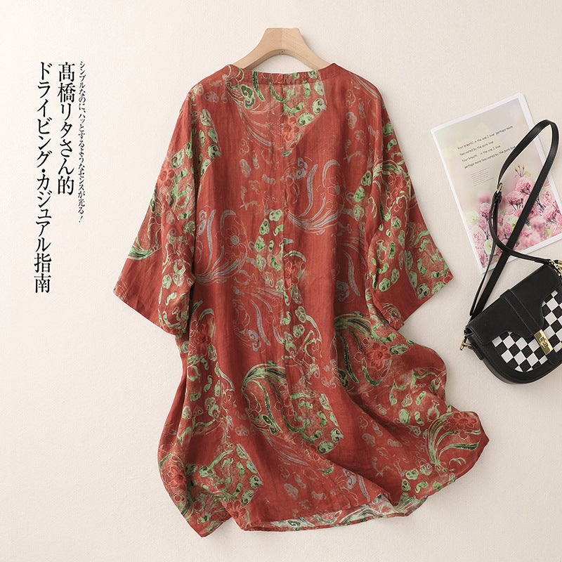 2024 Vintage Printed Mid-Sleeve V-Neck Ramie Loose Stylish Artistic Casual Personalized All-Match T-Shirt - Image 5