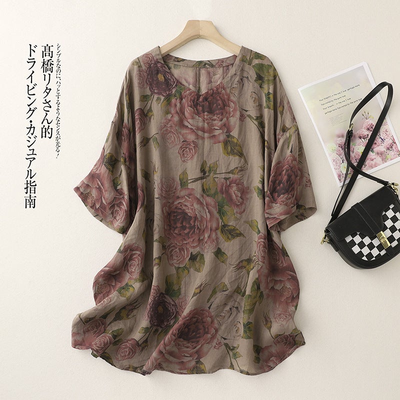 2024 Vintage Printed Mid-Sleeve V-Neck Ramie Loose Stylish Artistic Casual Personalized All-Match T-Shirt - Image 4