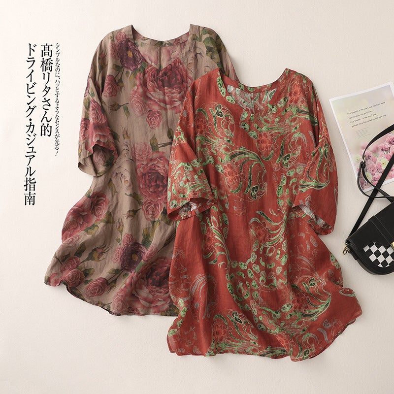 2024 Vintage Printed Mid-Sleeve V-Neck Ramie Loose Stylish Artistic Casual Personalized All-Match T-Shirt - Image 2