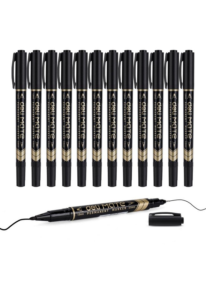 Deli Twin Tip Permanent Markers Fine Point And Ultra Fine Point For Signature And Marking Black 12 Count - Image 1