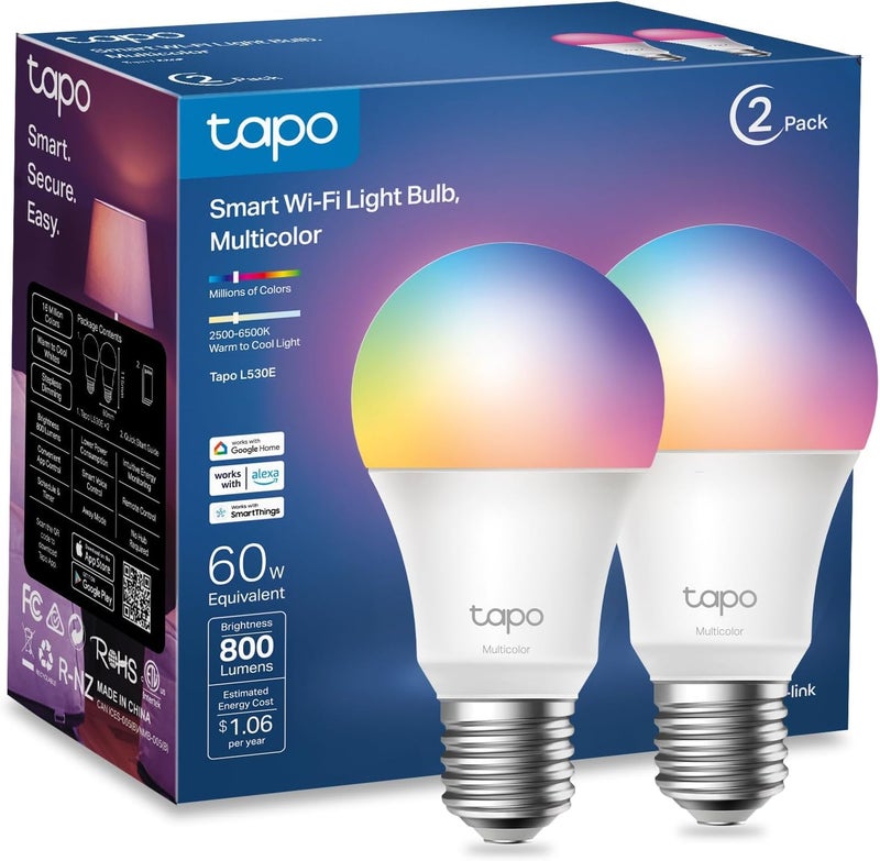 tapo TP-Link Tapo Smart Light Bulbs, 16M Colors RGBW, Dimmable, Compatible with Alexa and Google Home, A19, 60W Equivalent, 800LM CRI>90, 2.4GHz WiFi only, No Hub Required, Tapo L530E(2-Pack) - Image 1