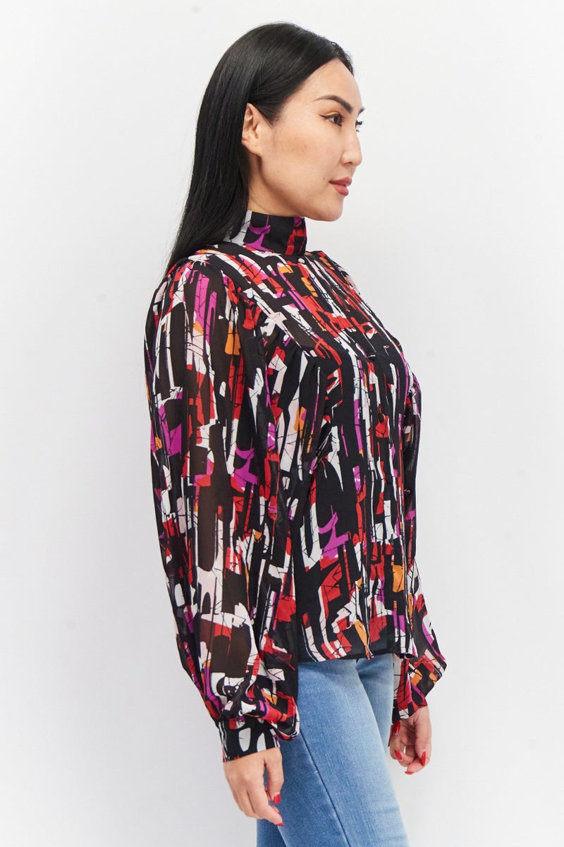 ESPRIT Women Mock Neck Balloon Sleeves  Abstract Printed Blouse, Black Combo - Image 3