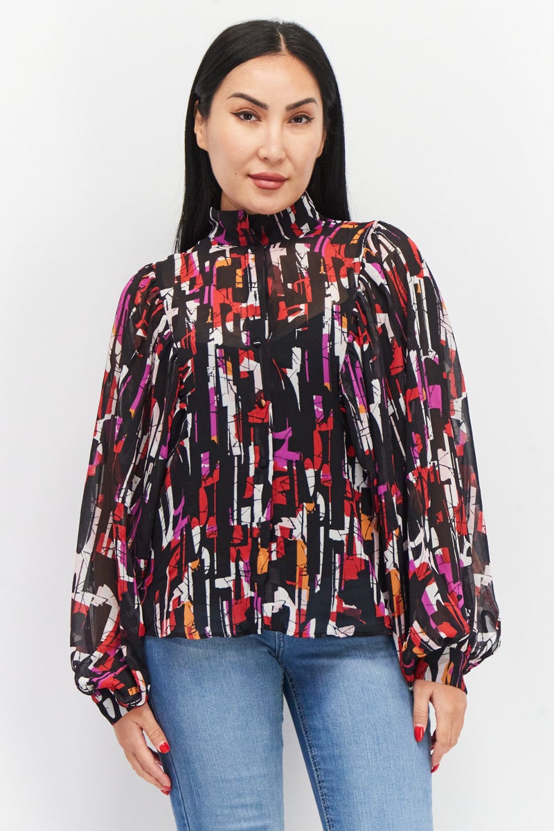 ESPRIT Women Mock Neck Balloon Sleeves  Abstract Printed Blouse, Black Combo - Image 1