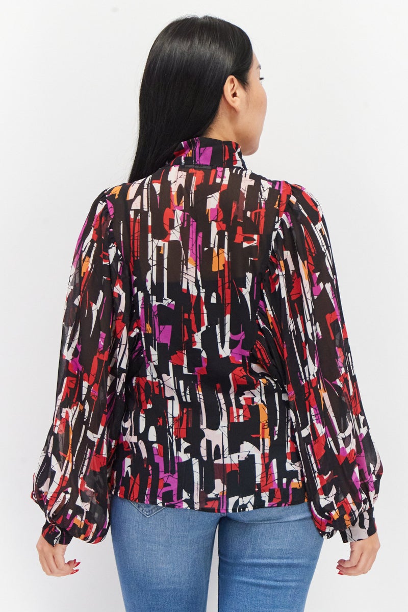 ESPRIT Women Mock Neck Balloon Sleeves  Abstract Printed Blouse, Black Combo - Image 4