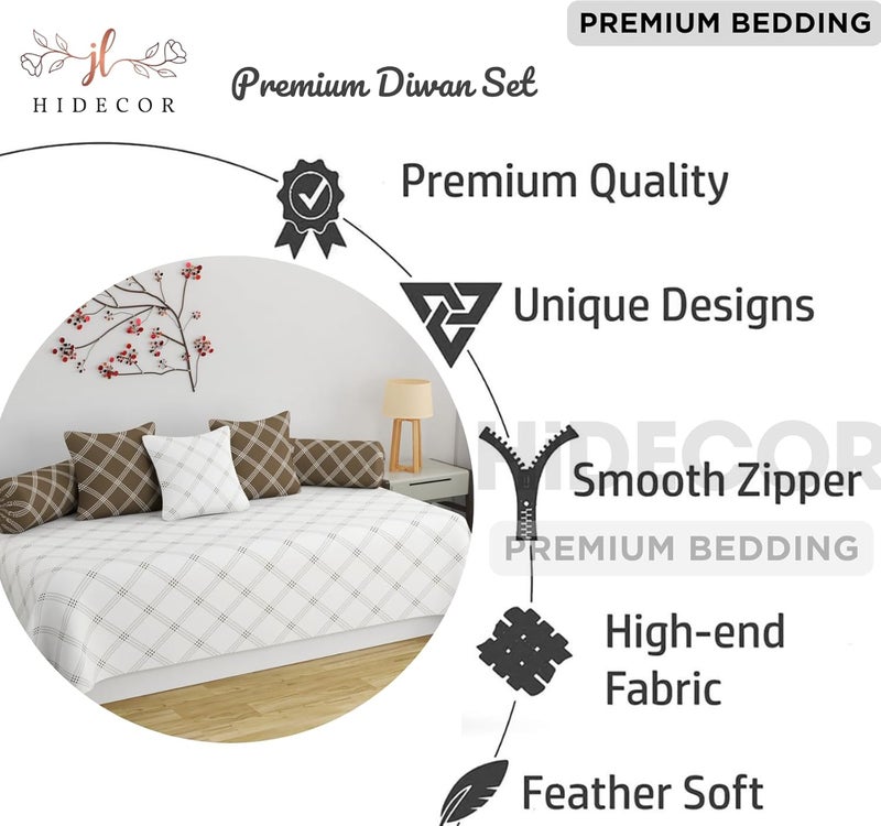 HIDECOR Super Soft Cotton Geometrical Diwan Set for Living Room, 6-Piece Set with Bedsheet, 3 Cushion Covers & 2 Bolster (White & Beige) - Image 2