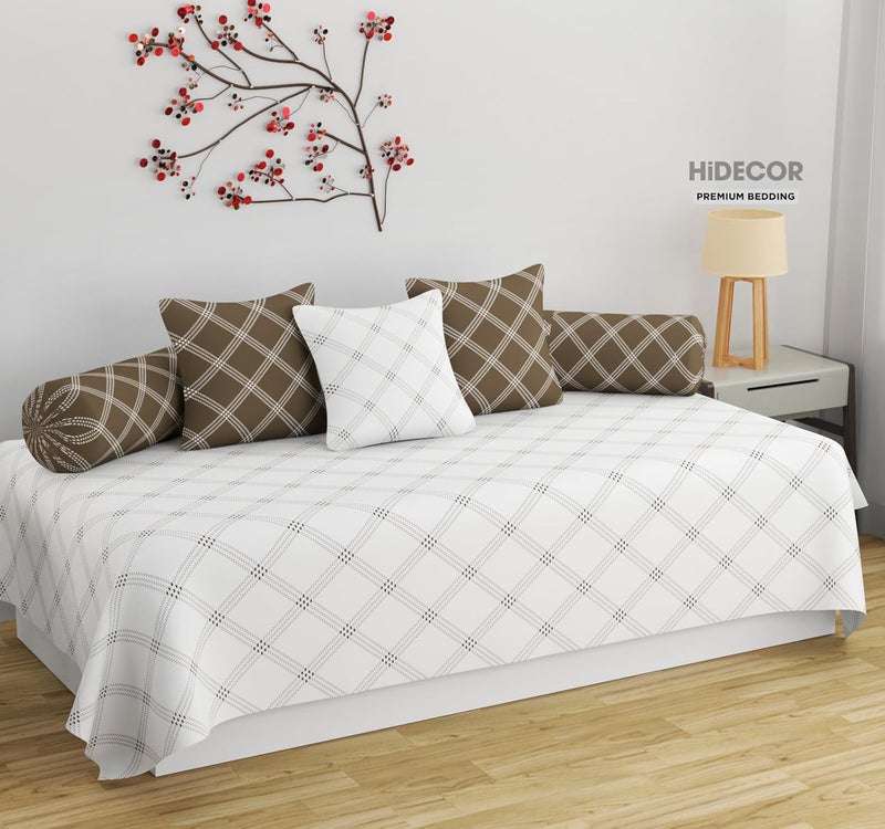 HIDECOR Super Soft Cotton Geometrical Diwan Set for Living Room, 6-Piece Set with Bedsheet, 3 Cushion Covers & 2 Bolster (White & Beige) - Image 1
