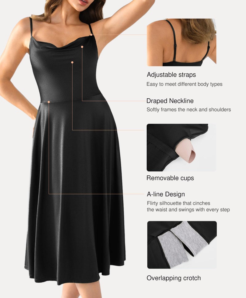 Popilush Spaghetti Strap A-Line Midi Tea Party Corset Dress All in One Shapewear Tummy Control Evening Dresses for Women Semi Formal Classic Black - Image 4
