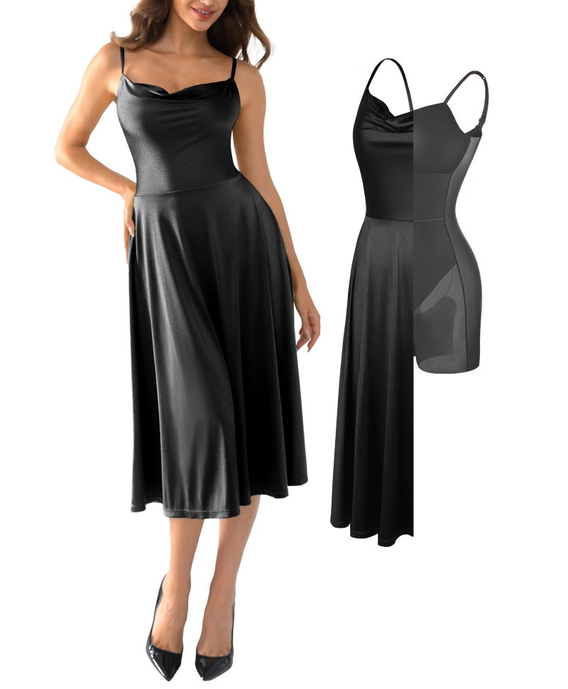 Popilush Spaghetti Strap A-Line Midi Tea Party Corset Dress All in One Shapewear Tummy Control Evening Dresses for Women Semi Formal Classic Black - Image 1