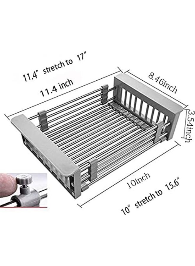 Stainless Steel Kitchen Drying Rack with Pull-Out Drain Basket and Adjustable Armrest for Over the Sink Dish Drying  - Image 3