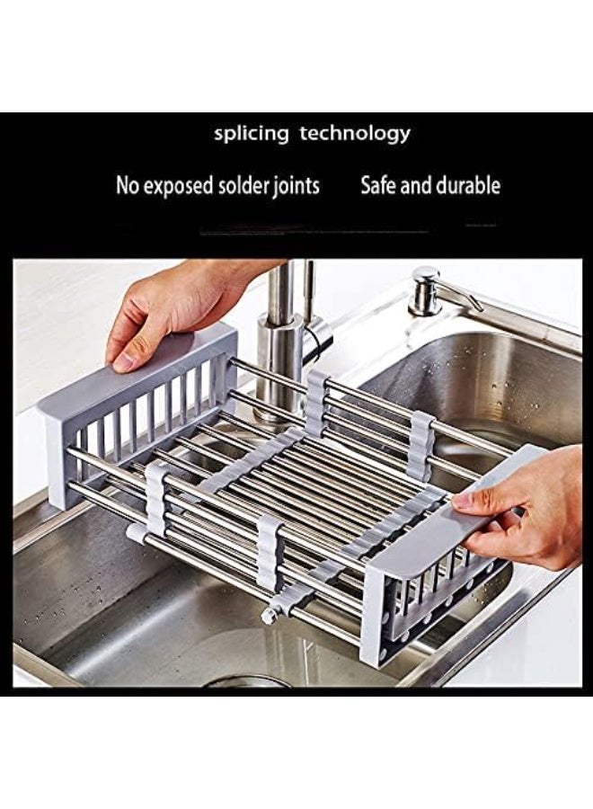 Stainless Steel Kitchen Drying Rack with Pull-Out Drain Basket and Adjustable Armrest for Over the Sink Dish Drying  - Image 5