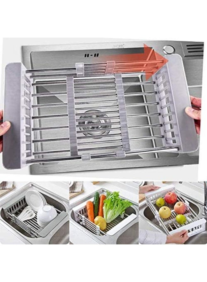 Stainless Steel Kitchen Drying Rack with Pull-Out Drain Basket and Adjustable Armrest for Over the Sink Dish Drying  - Image 4